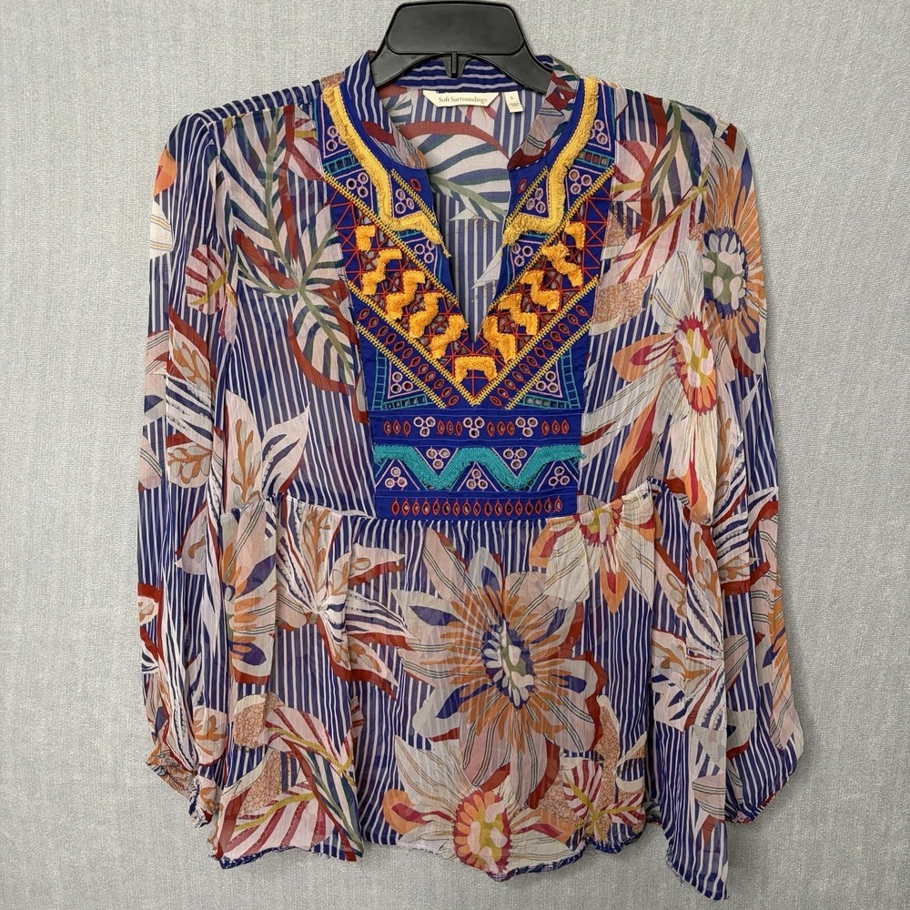 Soft Surroundings Floral Embroidered Tunic Blue Boho Maximalist Dopamine Large
